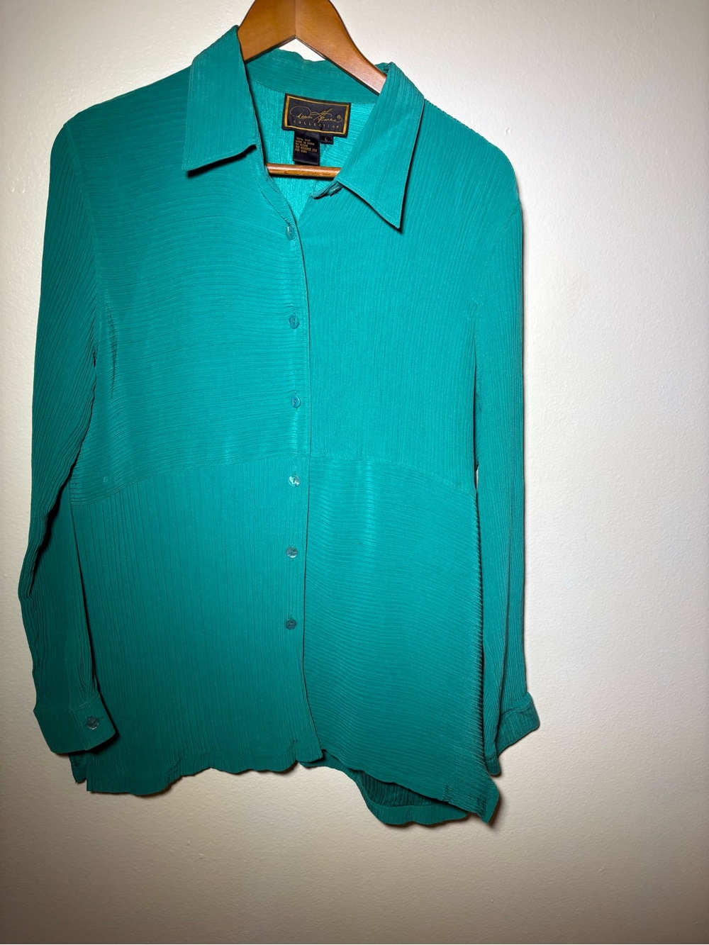 Vintage Diane Gilman Collection Teal 100% Silk Pleated Collared Blouse Size LG - Picture 9 of 11